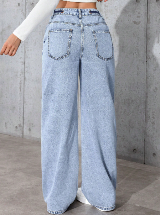 Women’s Wide Leg Jeans Drawstring Waist, Light Wash Casual Trousers