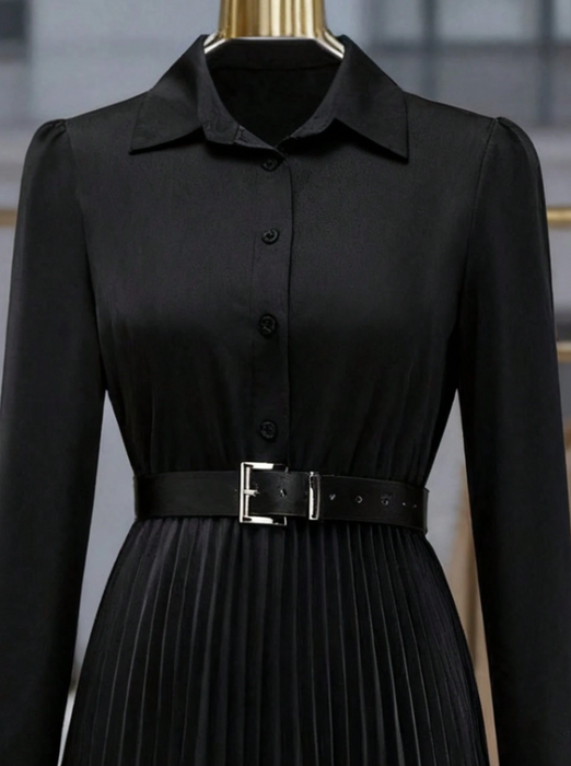 Women’s Elegant Long Sleeve Pleated Dress Button Waist Design
