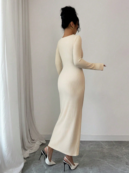 Women’s Elegant Solid Colour Long Dress Slim Fit Autumn & Winter