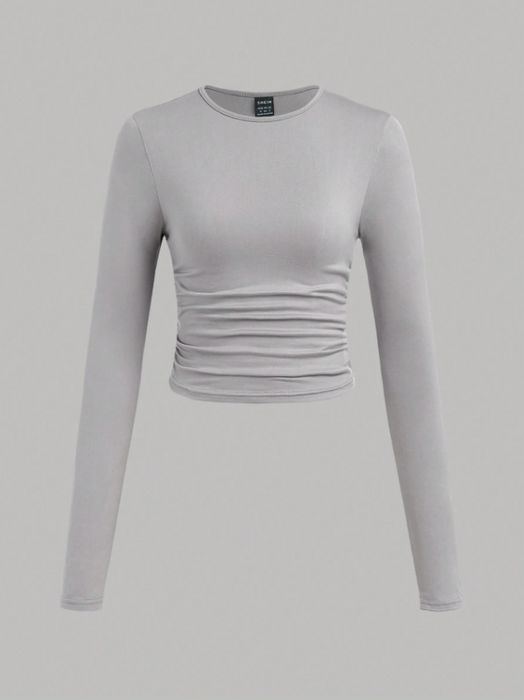 3pcs/Set Women's Casual Solid Color Crew Neck Ruched Long Sleeve T-Shirts
