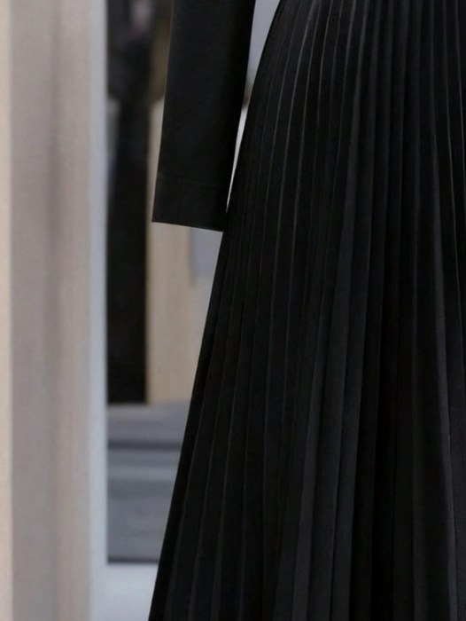 Women’s Elegant Long Sleeve Pleated Dress Button Waist Design