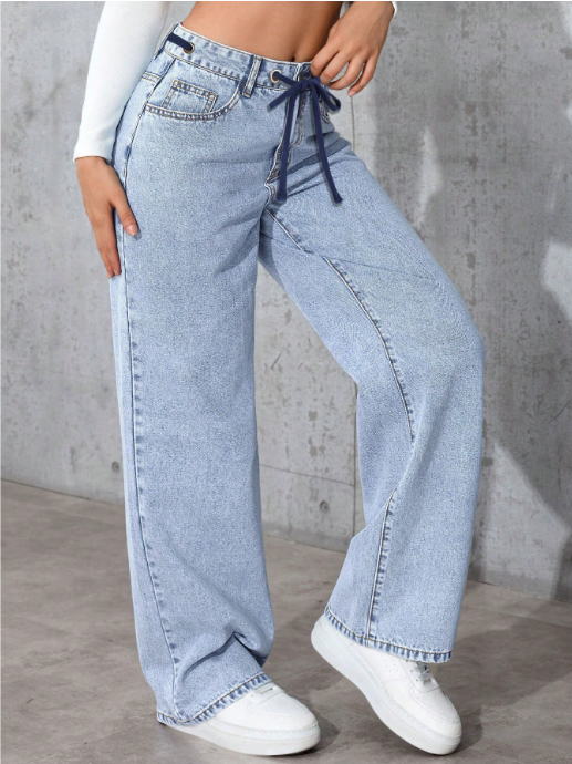 Women’s Wide Leg Jeans Drawstring Waist, Light Wash Casual Trousers
