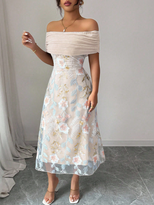 Women Mesh Panel Embroidery Off-Shoulder Ruffle Cutout Dress