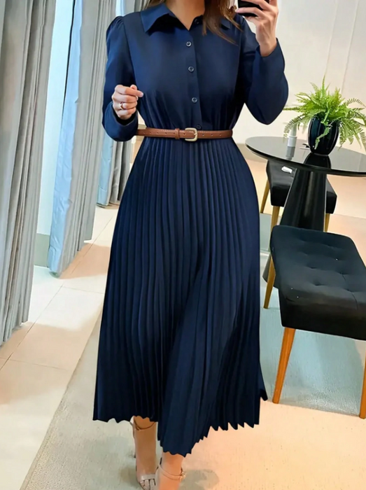 Women’s Elegant Long Sleeve Pleated Dress Button Waist Design