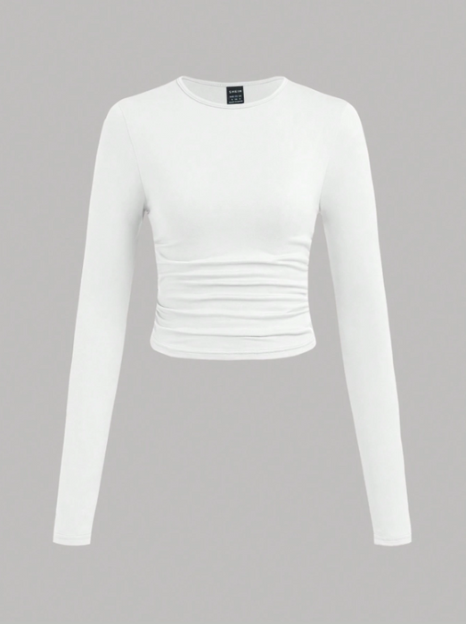 3pcs/Set Women's Casual Solid Color Crew Neck Ruched Long Sleeve T-Shirts