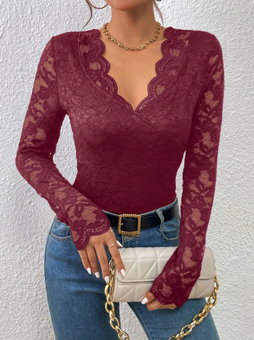 Women Slim Fit Lace Long Sleeve Bodysuit