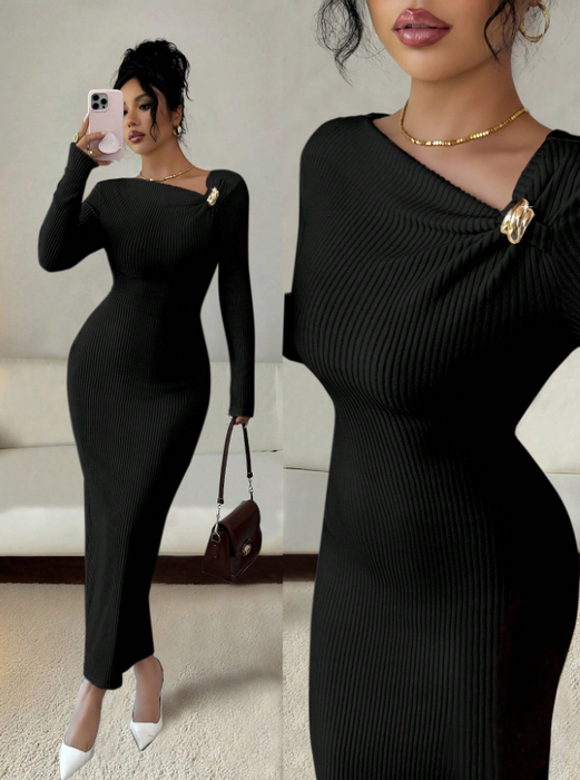 Women’s Elegant Solid Colour Long Dress Slim Fit Autumn & Winter