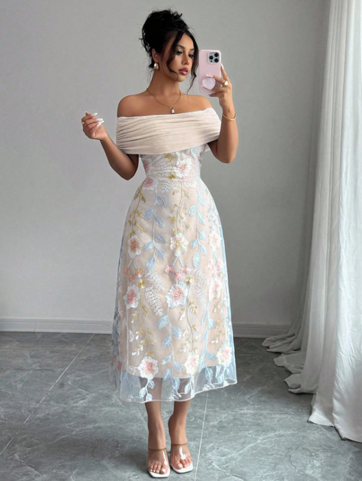 Women Mesh Panel Embroidery Off-Shoulder Ruffle Cutout Dress