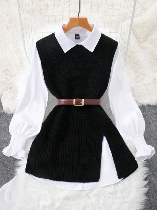 Women’s 2-Piece Layered Outfit Lantern Sleeve Blouse & Knit Vest Set