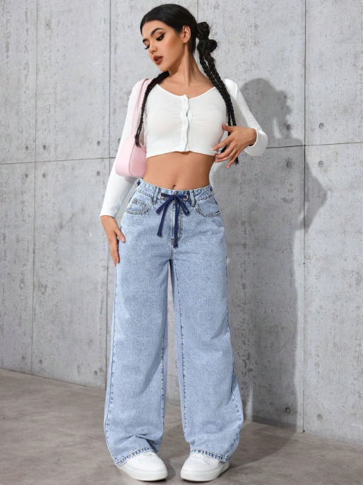 Women’s Wide Leg Jeans Drawstring Waist, Light Wash Casual Trousers