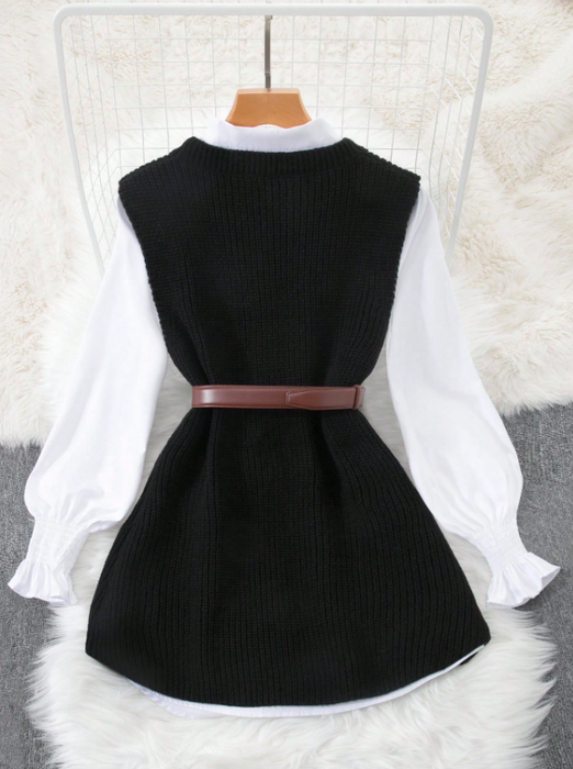 Women’s 2-Piece Layered Outfit Lantern Sleeve Blouse & Knit Vest Set