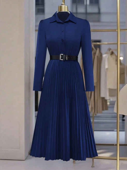 Women’s Elegant Long Sleeve Pleated Dress Button Waist Design