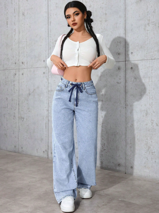 Women’s Wide Leg Jeans Drawstring Waist, Light Wash Casual Trousers