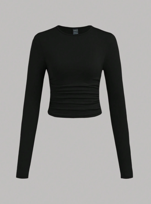 3pcs/Set Women's Casual Solid Color Crew Neck Ruched Long Sleeve T-Shirts