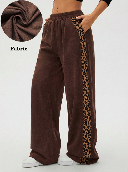 Women Leopard Print Patchwork Casual Straight Leg Pants