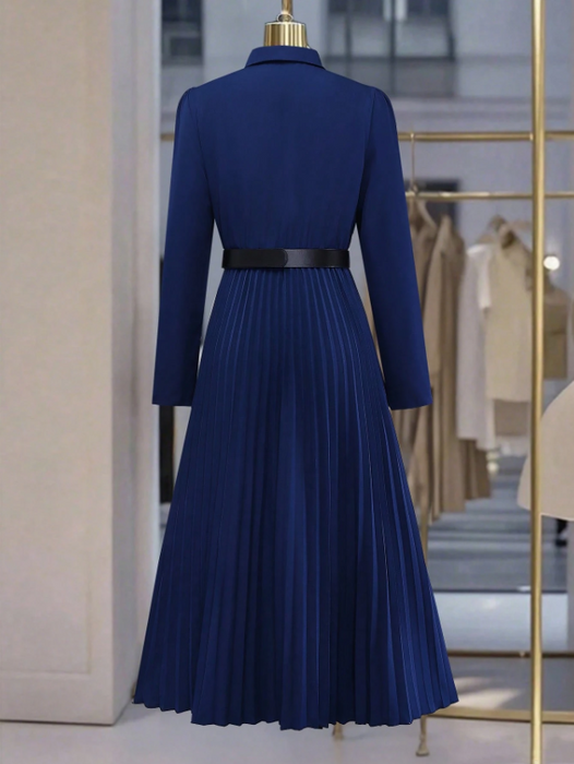 Women’s Elegant Long Sleeve Pleated Dress Button Waist Design