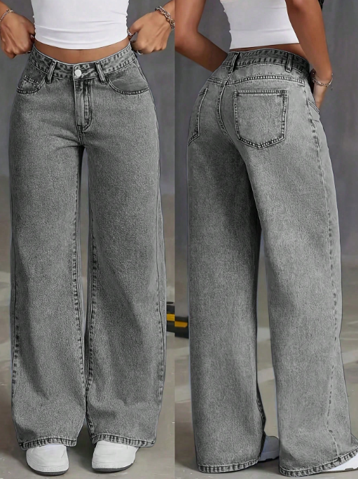 Women’s Washed Grey Straight Leg Jeans Drawstring Waist & Pocket Detail