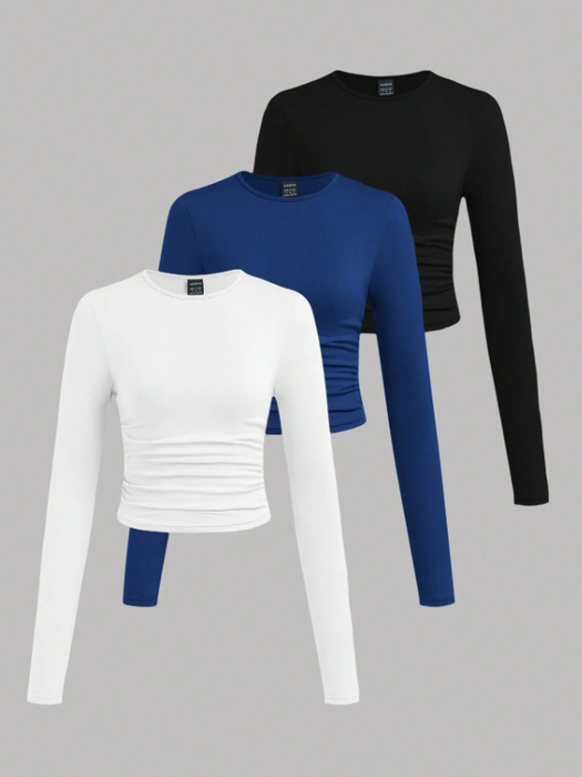 3pcs/Set Women's Casual Solid Color Crew Neck Ruched Long Sleeve T-Shirts
