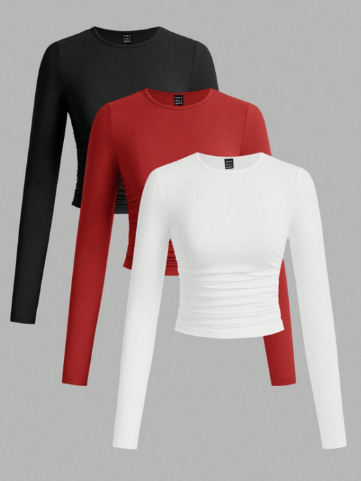3pcs/Set Women's Casual Solid Color Crew Neck Ruched Long Sleeve T-Shirts