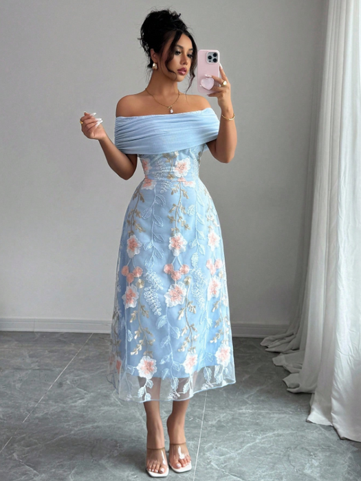 Women Mesh Panel Embroidery Off-Shoulder Ruffle Cutout Dress