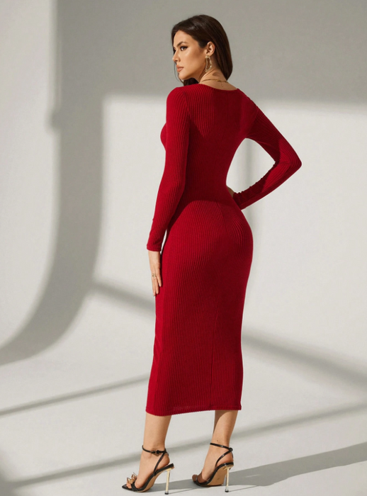 Women’s Elegant Solid Colour Long Dress Slim Fit Autumn & Winter