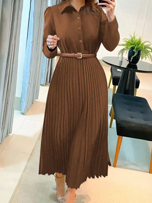 Women’s Elegant Long Sleeve Pleated Dress Button Waist Design