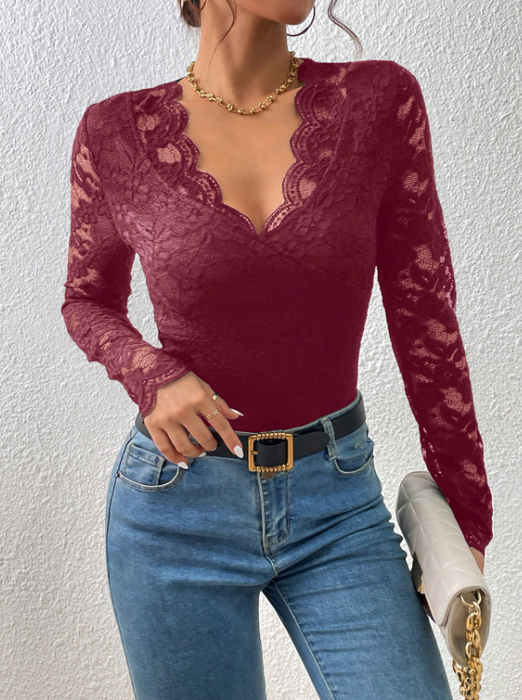 Women Slim Fit Lace Long Sleeve Bodysuit