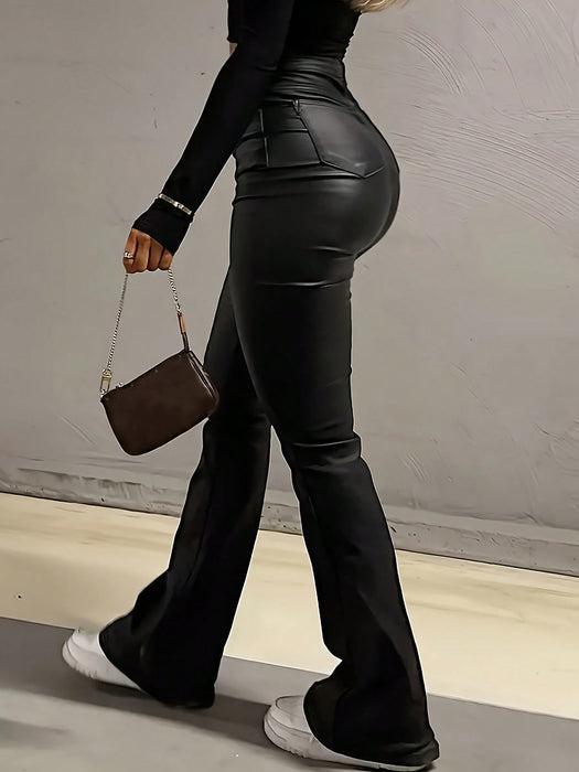 Spring Black American Style Faux Leather Flared Pant