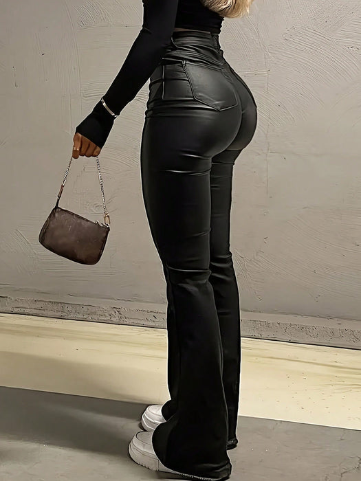 Spring Black American Style Faux Leather Flared Pant