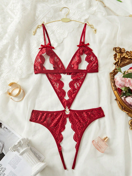 Women Red Lace Teddy Jumpsuit with Bow & Heart Detail