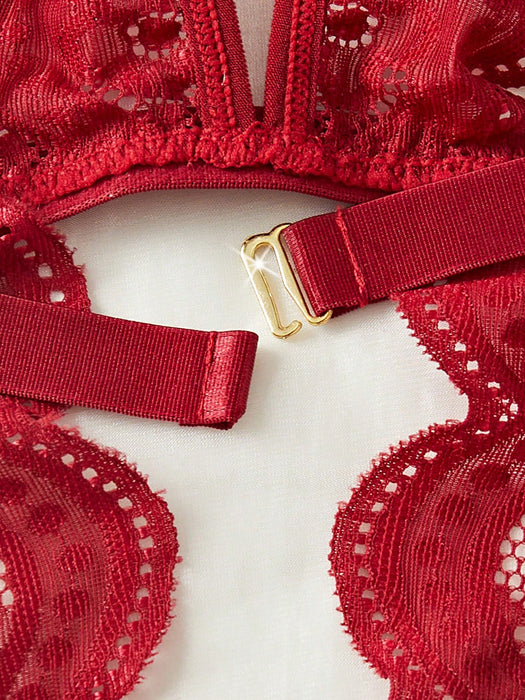 Women Red Lace Teddy Jumpsuit with Bow & Heart Detail