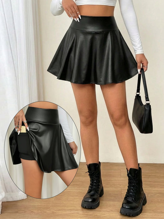 Women Solid Color Pleated PU Leather Fashionable Mini Skirt