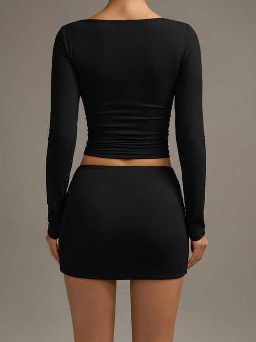 Women Solid Color Pleated Bodycon Skirt