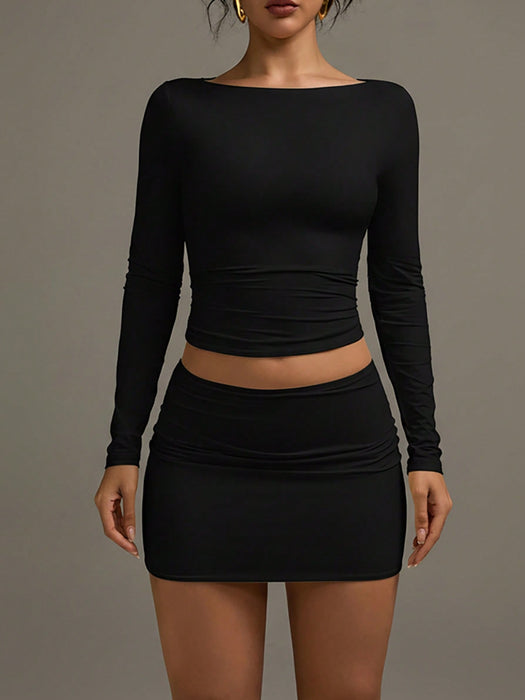 Women Solid Color Pleated Bodycon Skirt