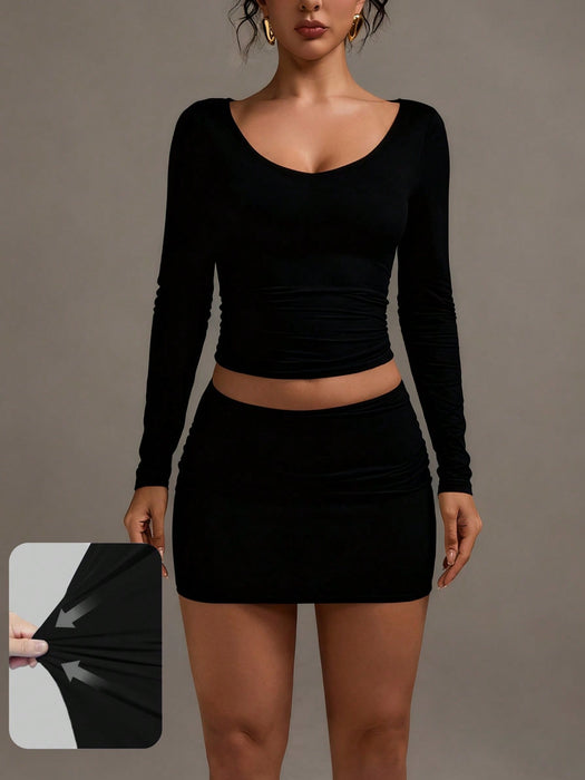 Women Solid Color Pleated Bodycon Skirt